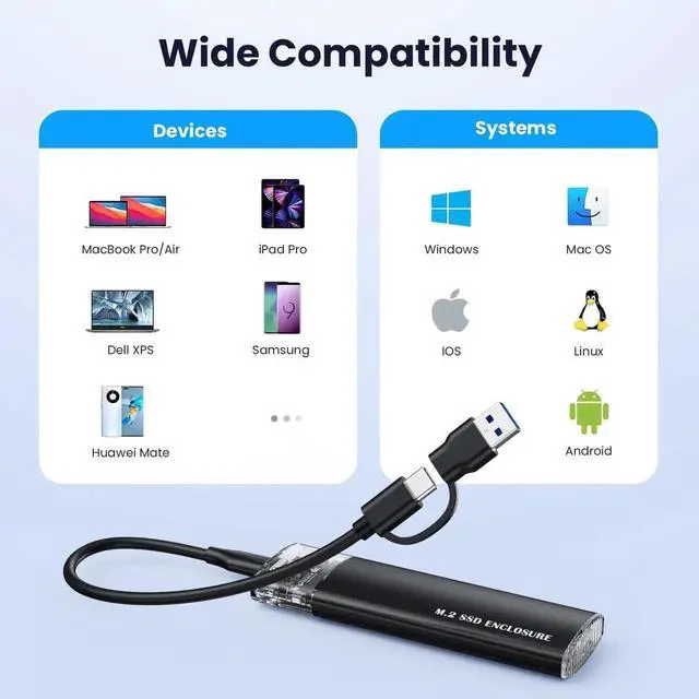 Alt view image 7 of 7 - WRIARICH USB 3.1 Gen 2 10Gbps M.2 SSD Enclosure, Type-C External SSD Adapter Supports NVMe PCIe M-Key/B+M & SATA B+M M.2 Drives, Fits 2230/2242/2260/2280 SSD