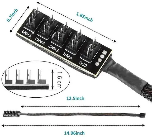 Alt view image 3 of 6 - WRIARICH 1-to-5 Sleeved PWM Fan Splitter Cable, 4/3-Pin Compatible, 15.7 Inch Length, PC Case Cooling Fan Hub Adapter