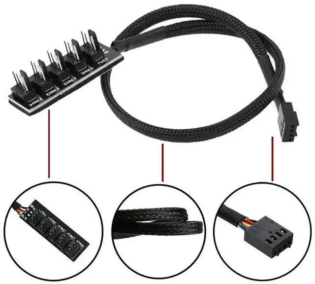 Alt view image 4 of 6 - WRIARICH 1-to-5 Sleeved PWM Fan Splitter Cable, 4/3-Pin Compatible, 15.7 Inch Length, PC Case Cooling Fan Hub Adapter