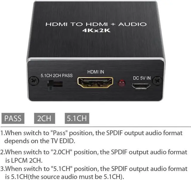 Alt view image 4 of 7 - WRIARICH HDMI Audio Extractor Converter with 1M HDMI 1.4 Cable, HDMI to SPDIF Toslink + 3.5mm Stereo Audio Splitter, Supports 4K 3D