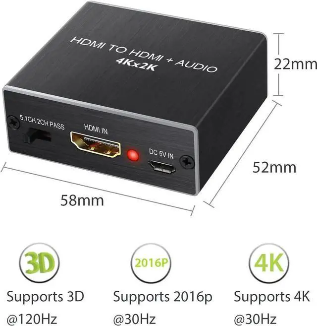 Alt view image 7 of 7 - WRIARICH HDMI Audio Extractor Converter with 1M HDMI 1.4 Cable, HDMI to SPDIF Toslink + 3.5mm Stereo Audio Splitter, Supports 4K 3D