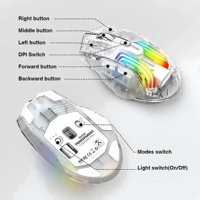 Alt view image 2 of 7 - WRIARICH Transparent Tri-Mode Gaming Mouse, 2.4G Wireless Bluetooth USB-C Wired Rechargeable Mouse, 5 DPI 6 Buttons 11 RGB Lighting Ergonomic Mice for PC Laptop Mac