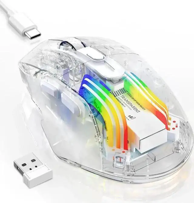 Main image of WRIARICH Transparent Tri-Mode Gaming Mouse, 2.4G Wireless Bluetooth USB-C Wired Rechargeable Mouse, 5 DPI 6 Buttons 11 RGB Lighting Ergonomic Mice for PC Laptop Mac