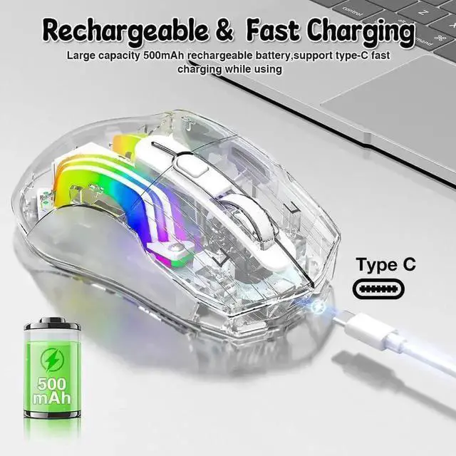 Alt view image 3 of 7 - WRIARICH Transparent Tri-Mode Gaming Mouse, 2.4G Wireless Bluetooth USB-C Wired Rechargeable Mouse, 5 DPI 6 Buttons 11 RGB Lighting Ergonomic Mice for PC Laptop Mac