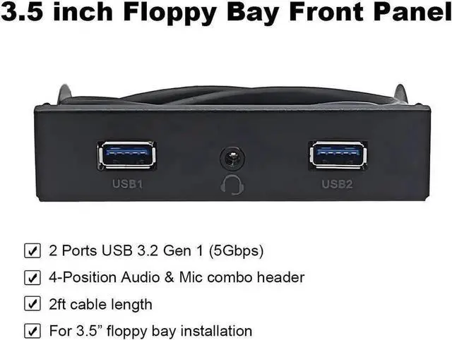 Alt view image 2 of 4 - WRIARICH 3.5 Inch PC Front Panel 2-Port USB3.0 Hub with HD 4Pin Audio & Mic, 2FT 19-Pin USB Header Cable for Desktop Chassis Upgrade