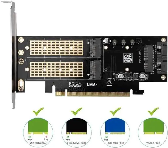 Alt view image 3 of 3 - WRIARICH 3-in-1 mSATA & NGFF M.2 Adapter Card, M.2 NVMe to PCIe x16 + M.2 SATA/mSATA to SATA III Converter, Includes 2 SATA Cables