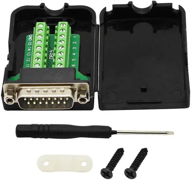 Main image of WRIARICH Black DB15 Breakout Terminal PCB Board with Plastic Housing & Lock Nuts, DB15 Screw Terminal Signal Splitter Module (MN Version)