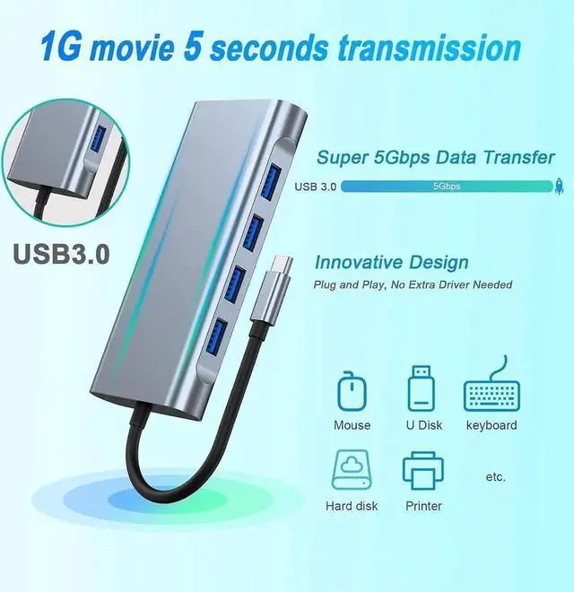 Alt view image 2 of 7 - 11-in-1 USB-C Multiport Docking Station Hub, 5Gbps USB-A Ports, SD/TF Card Reader, 4K HDMI, VGA, Gigabit RJ45 Ethernet, 100W PD Charging & 3.5mm Audio Jack, Universal Type-C Laptop Dongle Adapter