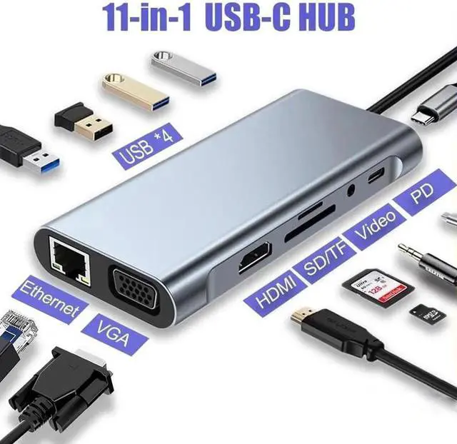 Main image of 11-in-1 USB-C Multiport Docking Station Hub, 5Gbps USB-A Ports, SD/TF Card Reader, 4K HDMI, VGA, Gigabit RJ45 Ethernet, 100W PD Charging & 3.5mm Audio Jack, Universal Type-C Laptop Dongle Adapter