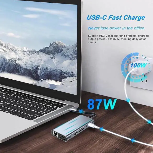 Alt view image 3 of 7 - 11-in-1 USB-C Multiport Docking Station Hub, 5Gbps USB-A Ports, SD/TF Card Reader, 4K HDMI, VGA, Gigabit RJ45 Ethernet, 100W PD Charging & 3.5mm Audio Jack, Universal Type-C Laptop Dongle Adapter