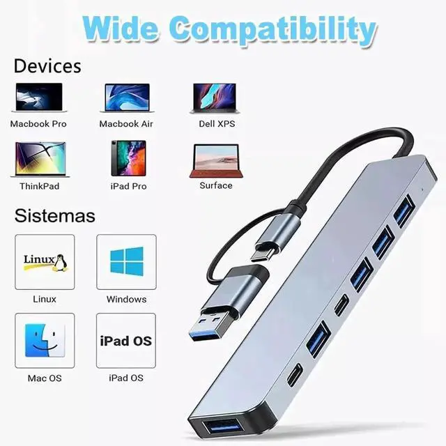 Alt view image 7 of 7 - WRIARICH Aluminum 7-in-1 USB C Multiport Hub Splitter, 5 USB 3.0 + 2 USB-C Ports Portable Adapter Compatible with MacBook, iPad, Laptops, PS4, Xbox, HDD, Printer, Mouse, Keyboard, HP