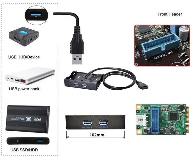 Alt view image 6 of 7 - WRIARICH 3.5" Floppy Bay 19/20Pin USB 3.0 Header 1 to 2 Port Extension Cable, Motherboard Front Panel Hub Adapter for PC