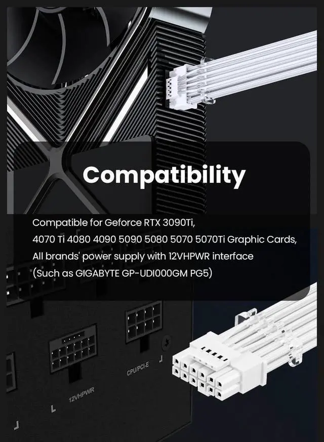 Alt view image 7 of 7 - 70cm White Sleeved PCIe 5.0 12VHPWR 16Pin (12+4) Male to Male Modular GPU Power Cable, 600W 12V-2x6 Connector Compatible with ATX 3.0 PSU, Fits RTX 3090Ti, 4070 Ti, 4080, 4090, 5070, 5070 Ti, 5080, 50