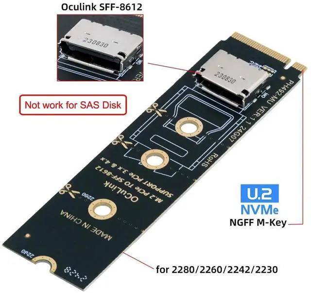 Alt view image 2 of 7 - WRIARICH 2280 M.2 M-Key PCIe 4.0 to OCuLink SFF-8612 SFF-8611 Vertical Host Adapter, Compatible with ASUS MSI Gigabyte ASRock Motherboard, for NVMe U.2 SSD & External eGPU Dock
