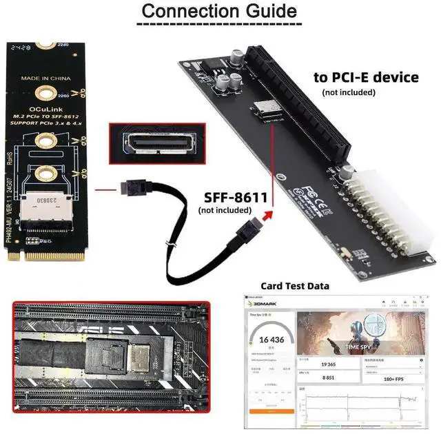 Alt view image 5 of 7 - WRIARICH 2280 M.2 M-Key PCIe 4.0 to OCuLink SFF-8612 SFF-8611 Vertical Host Adapter, Compatible with ASUS MSI Gigabyte ASRock Motherboard, for NVMe U.2 SSD & External eGPU Dock