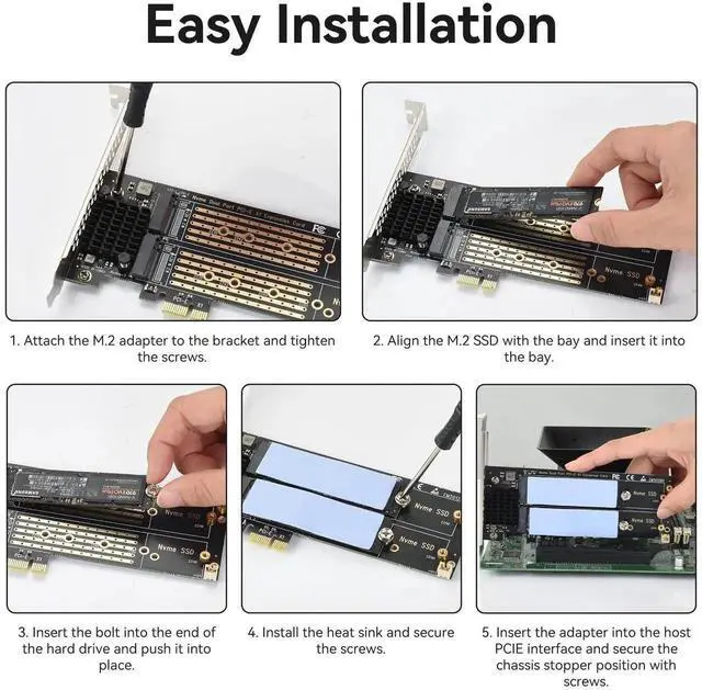 Alt view image 4 of 7 - WRIARICH Dual M.2 NVMe PCIe Expansion Card with Aluminum Heatsink, Supports M Key & B+M Key 2230/2242/2260/2280 SSD, Low Profile Bracket Compatible with PCIe X1/X4/X8/X16 Slots
