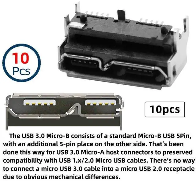 Alt view image 2 of 6 - WRIARICH 10Pcs Micro USB 3.0 10Pin Female Socket, SMT Board Mount Connector 5.2mm Height for SSD & USB Hard Drive