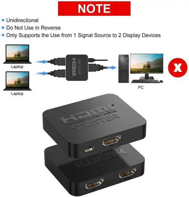Alt view image 2 of 7 - WRIARICH 1 in 2 Out HDMI Splitter with HDMI Cable & Micro USB Power Cord, 4K Mirror Only HDMI Splitter for Dual Monitors, Supports Full HD 1080P 3D, Compatible with TV, PS4, Xbox