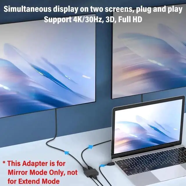 Alt view image 7 of 7 - WRIARICH 1 in 2 Out HDMI Splitter with HDMI Cable & Micro USB Power Cord, 4K Mirror Only HDMI Splitter for Dual Monitors, Supports Full HD 1080P 3D, Compatible with TV, PS4, Xbox