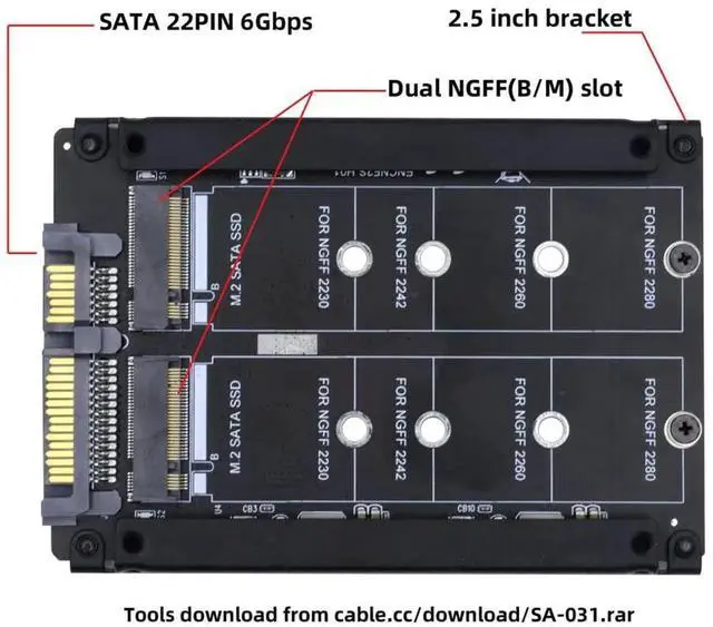 Alt view image 7 of 7 - WRIARICH Dual M.2 B+M Key to 2.5" SATA RAID Bridge Card, Support RAID0/JOBD/Span for 2.5-inch SATA Enclosure