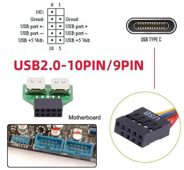 Alt view image 4 of 7 - WRIARICH Dual USB-C Female to USB 2.0 Motherboard Header Adapter, 9Pin/10Pin Internal PCBA Converter, 480Mbps USB 2.0 Speed for PC Front Panel
