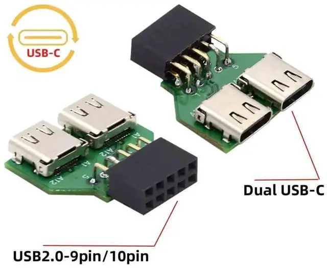 Alt view image 7 of 7 - WRIARICH Dual USB-C Female to USB 2.0 Motherboard Header Adapter, 9Pin/10Pin Internal PCBA Converter, 480Mbps USB 2.0 Speed for PC Front Panel