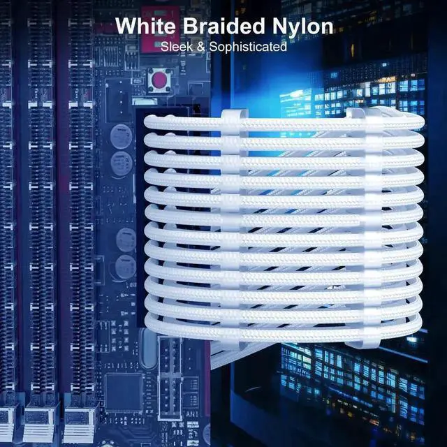 Alt view image 3 of 7 - WRIARICH White Braided ATX 24Pin PSU Extension Cable 11.8 Inch Male to Female with 3 Cable Combs