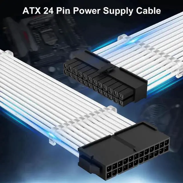 Alt view image 2 of 7 - WRIARICH White Braided ATX 24Pin PSU Extension Cable 11.8 Inch Male to Female with 3 Cable Combs