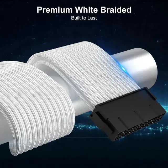 Alt view image 4 of 7 - WRIARICH White Braided ATX 24Pin PSU Extension Cable 11.8 Inch Male to Female with 3 Cable Combs