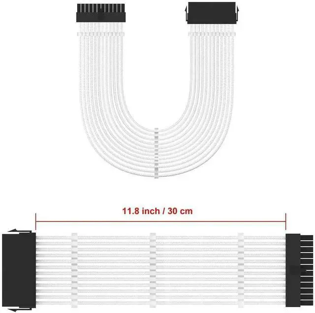 Alt view image 7 of 7 - WRIARICH White Braided ATX 24Pin PSU Extension Cable 11.8 Inch Male to Female with 3 Cable Combs