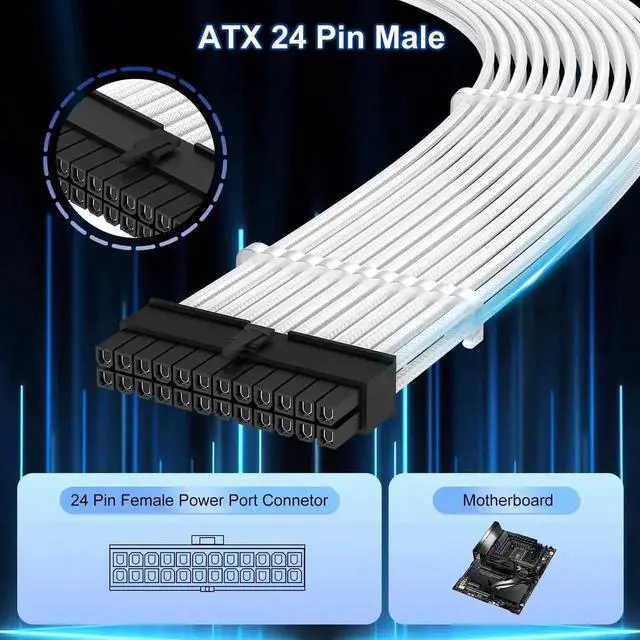 Alt view image 6 of 7 - WRIARICH White Braided ATX 24Pin PSU Extension Cable 11.8 Inch Male to Female with 3 Cable Combs