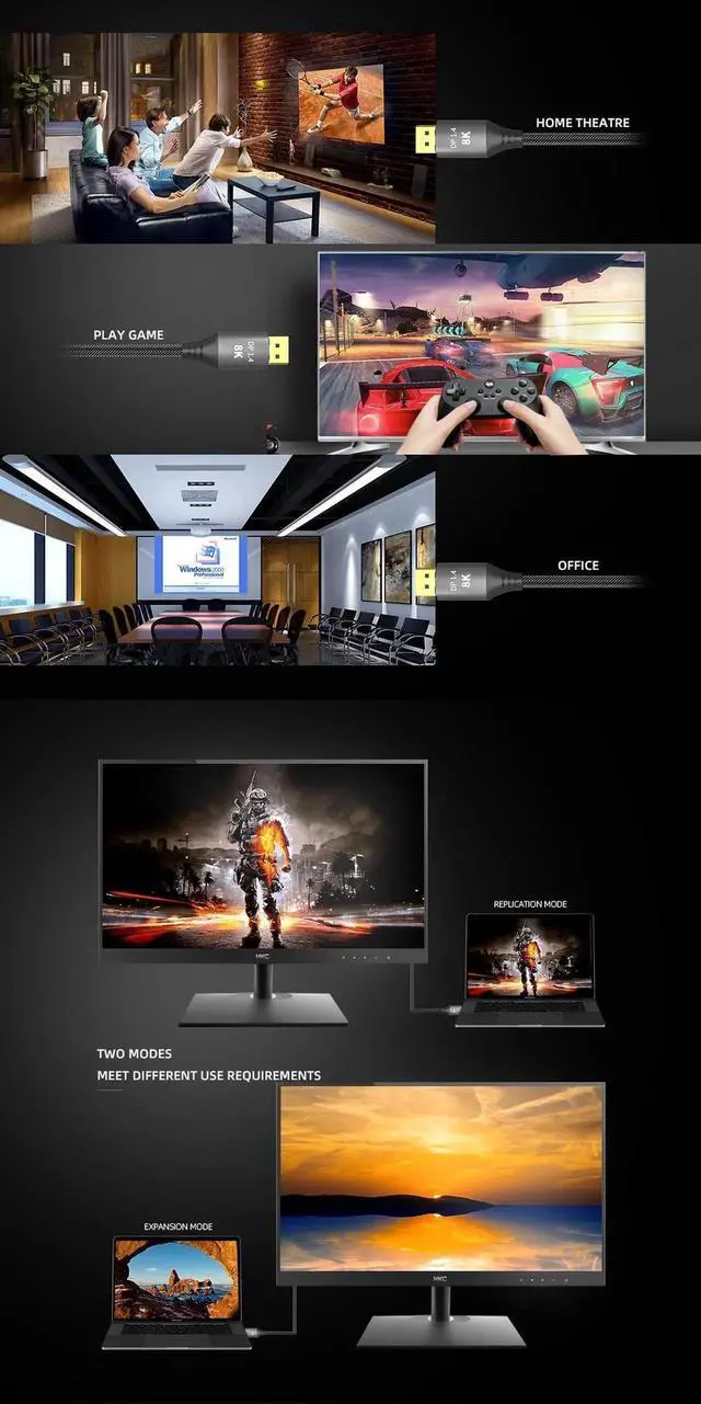 Alt view image 6 of 7 - WRIARICH Male to Male DP Video Monitor Cable (8K@60Hz, 4K@144Hz), Ultra High Speed DP to DP Cables for Laptop, PC, TV, Gaming Monitor Cable - DisplayPort to DisplayPort Cable (3.3FT) 10 ft.
