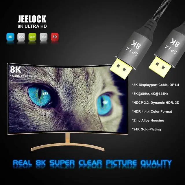 Alt view image 7 of 7 - WRIARICH Male to Male DP Video Monitor Cable (8K@60Hz, 4K@144Hz), Ultra High Speed DP to DP Cables for Laptop, PC, TV, Gaming Monitor Cable - DisplayPort to DisplayPort Cable (3.3FT) 10 ft.