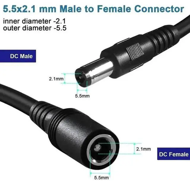 Alt view image 3 of 7 - WRIARICH 10m Black DC Power Extension Cable 5.5x2.1mm Male to Female, Max 8A Load