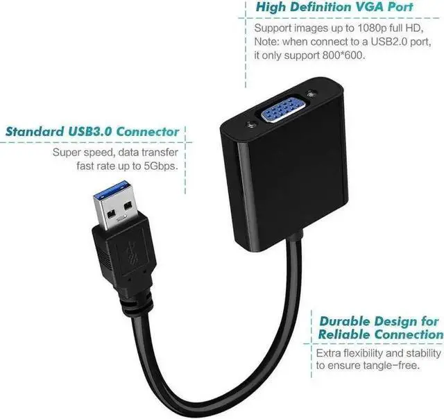 Alt view image 5 of 7 - WRIARICH Black USB 3.0 to VGA Multi-Monitor Adapter, Plug-and-Play Display Converter for Windows 7/8/8.1/10, No CD Driver Required
