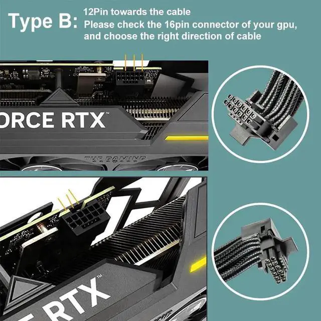 Alt view image 4 of 6 - Type B 90 Degree Right Angle 12VHPWR GPU Power Adapter Cable, PCIe 5.0 16Pin(12+4) Male to Dual 8Pin Female Extender, 16AWG High Current Wire, Compatible with RTX 3090Ti/4070Ti/4080/4090 Graphics Card
