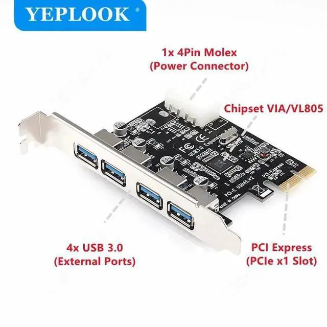Alt view image 4 of 5 - WRIARICH PCIe X1 USB 3.0 Expansion Card with VIA VL805 Chip, 4-Port 5Gbps PCI Express Hub Adapter with IDE 4Pin Power Connector for Desktop PC