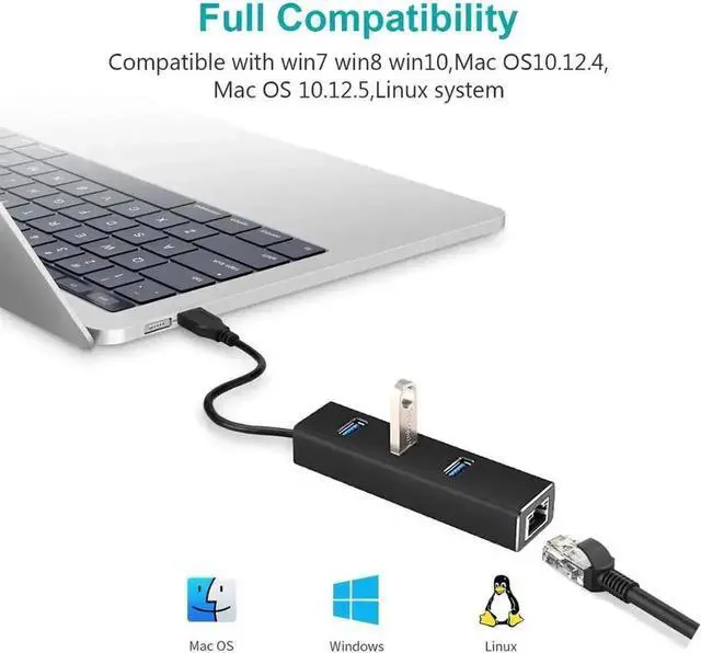 Alt view image 6 of 7 - WRIARICH Upgraded USB 3.0 Gigabit Ethernet Adapter with 3-Port USB 3.0 Hub, 10/100/1000 Mbps RJ45 LAN Converter, Portable Docking Station for Laptops Ultrabooks Tablets, Black