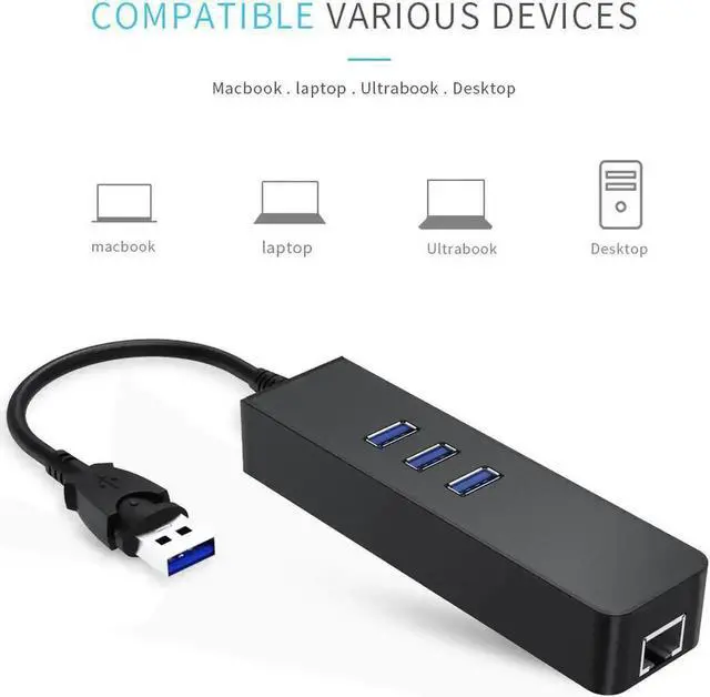 Alt view image 7 of 7 - WRIARICH Upgraded USB 3.0 Gigabit Ethernet Adapter with 3-Port USB 3.0 Hub, 10/100/1000 Mbps RJ45 LAN Converter, Portable Docking Station for Laptops Ultrabooks Tablets, Black