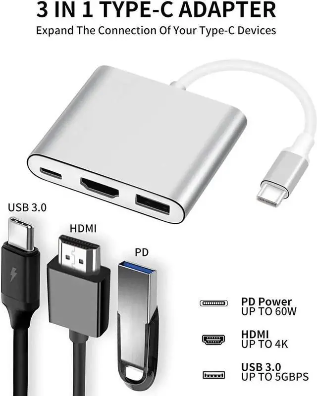 Alt view image 3 of 5 - WRIARICH Gray USB-C to HDMI Multiport Adapter, USB 3.1 Type-C to 4K HDMI Converter with USB 3.0 Port, Digital AV Adapter for MacBook Pro, Smartphones, Monitor & Projector