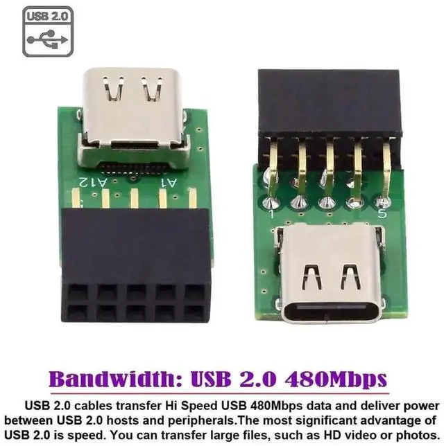 Alt view image 2 of 7 - WRIARICH Single Port USB-C Female to Motherboard 9Pin/10Pin USB2.0 Header Adapter PCBA, USB3.1 Type-C Female to Internal 9PIN Splitter Support 480Mbps for PC Front Panel