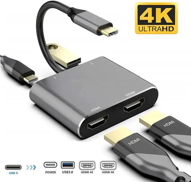 Main image of WRIARICH Gray USB C Multiport Adapter Hub, USB C to Dual 4K HDMI Converter with USB 3.0 Port, Compatible with MacBook Pro 2018/2019/2020, Dell XPS 13/15, Surface Book 2 & More USB-C Laptops