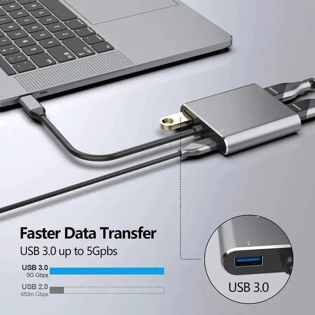 Alt view image 5 of 7 - WRIARICH Gray USB C Multiport Adapter Hub, USB C to Dual 4K HDMI Converter with USB 3.0 Port, Compatible with MacBook Pro 2018/2019/2020, Dell XPS 13/15, Surface Book 2 & More USB-C Laptops