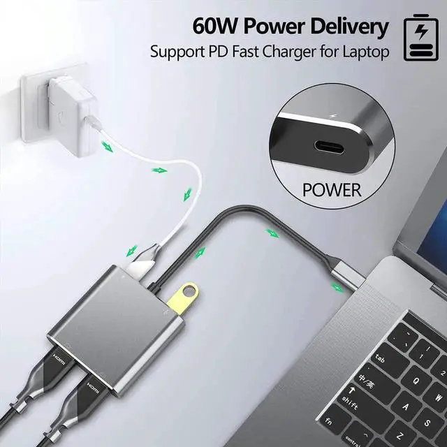 Alt view image 6 of 7 - WRIARICH Gray USB C Multiport Adapter Hub, USB C to Dual 4K HDMI Converter with USB 3.0 Port, Compatible with MacBook Pro 2018/2019/2020, Dell XPS 13/15, Surface Book 2 & More USB-C Laptops