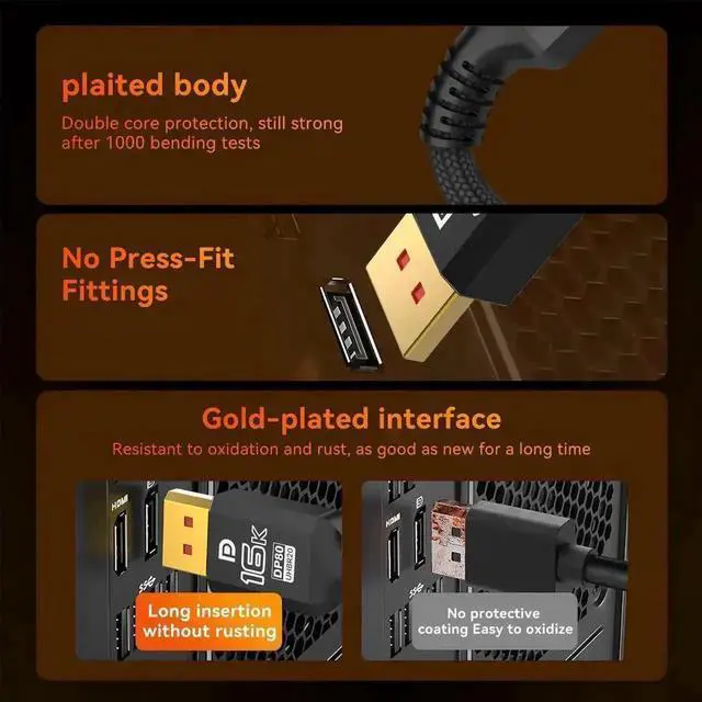 Alt view image 3 of 6 - WRIARICH 6.6FT DP 2.1 DP80 DisplayPort Cable, 80Gbps High Speed DP to DP Cord Supports 16K@60Hz,8K@120Hz,4K@240Hz HDR DSC FreeSync Compatible RTX5090 RX7900XTX Gaming Monitor HDTV