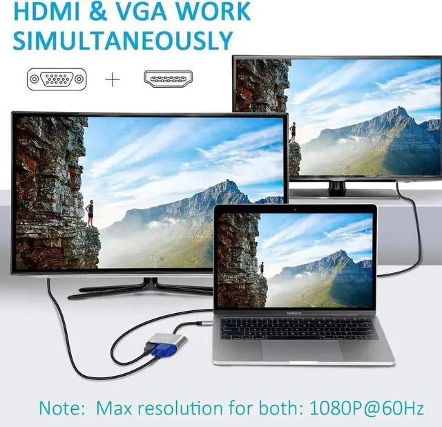 Alt view image 7 of 7 - WRIARICH 2-in-1 USB C to HDMI VGA Adapter, Thunderbolt 3 Compatible Type-C Dual Display Converter for MacBook Pro, 2017 iMac, Chromebook Pixel, Galaxy S8/S8+ & More
