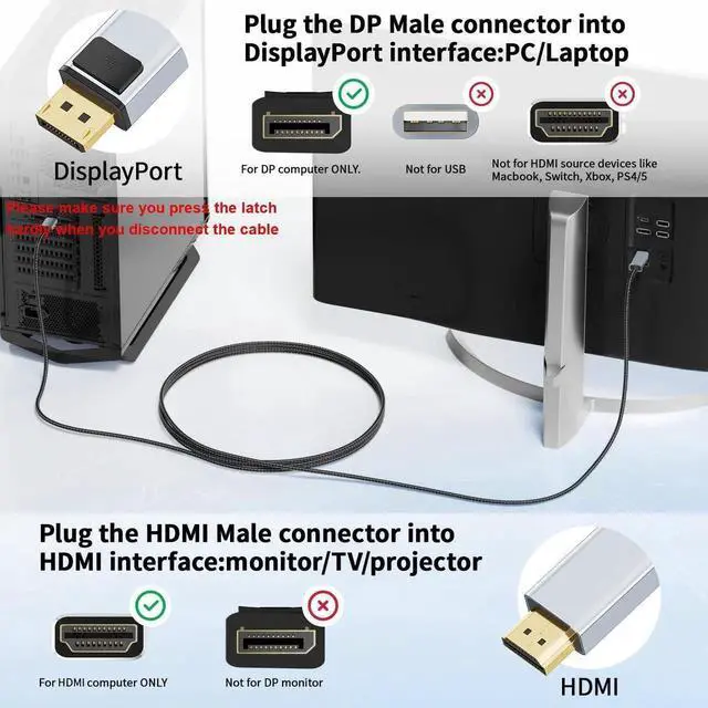 Alt view image 2 of 7 - WRIARICH 0.5M/1.65FT Nylon Braided Uni-Directional DP 1.2 to HDMI 1.4 Cable, Supports 4K@60Hz UHD for Dell Lenovo HP NVIDIA AMD Desktop Monitor Projector