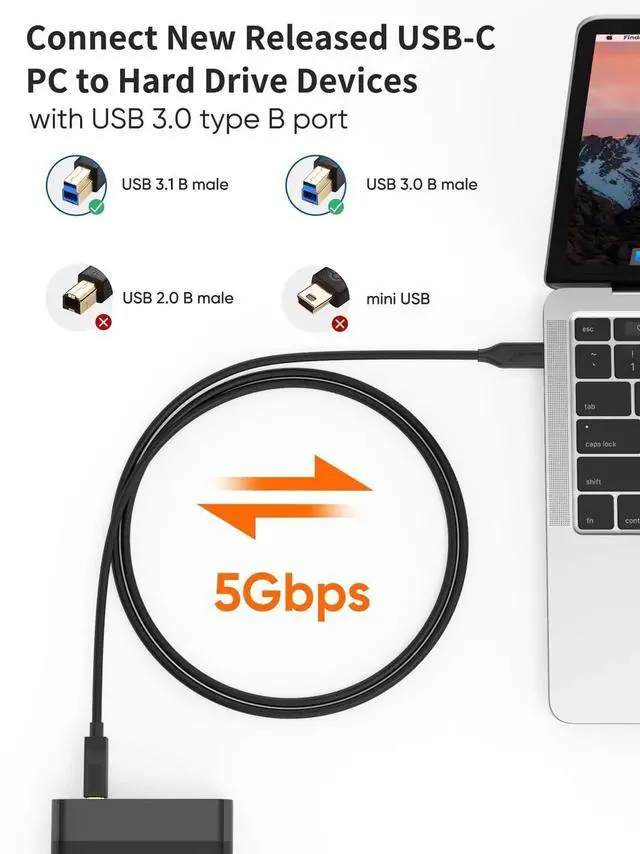Alt view image 3 of 7 - WRIARICH 1.8M (6FT) Black USB 3.1 USB-C to USB-B Cable, 5Gbps Data Cord Compatible with Thunderbolt 3, MacBook, External Hard Drive, Docking Station & Scanner