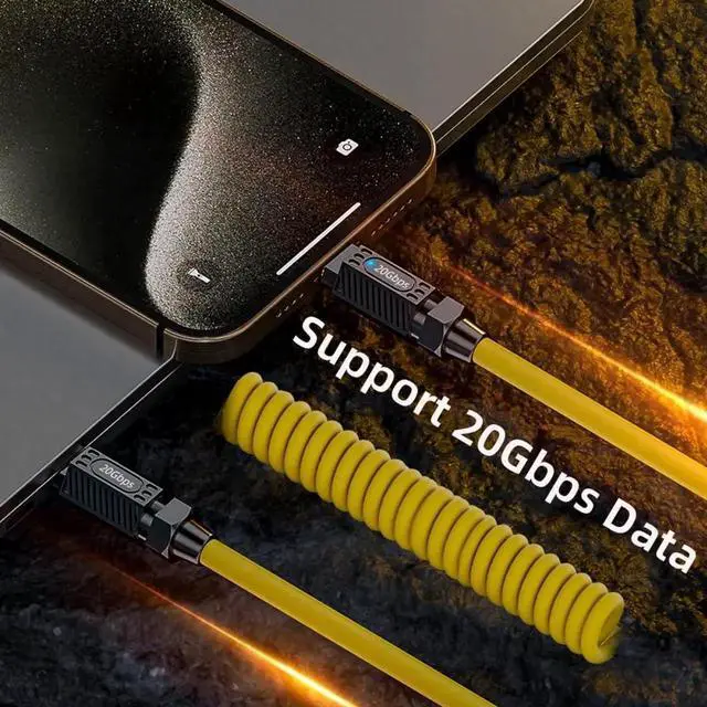 Alt view image 4 of 7 - WRIARICH 180cm Coiled Stretch USB4 USB-C Cable, 20Gbps Data, 140W Charging, 8K Video, Male to Male Cord for Gaming Keyboard & Mouse