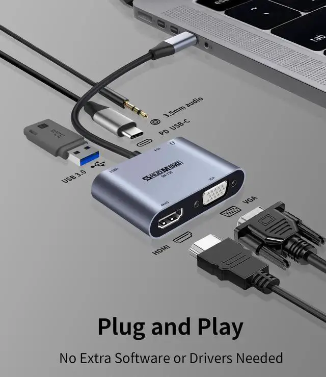 Alt view image 4 of 7 - 5 in 1 USB C Multiport Hub Adapter, Type C to 4K HDMI VGA Splitter with 100W PD Charging, USB3.0 & 3.5mm Audio Jack, Compatible with iPhone 15/16, MacBook, iPad, Switch, Steam Deck, Rog Ally, Samsung